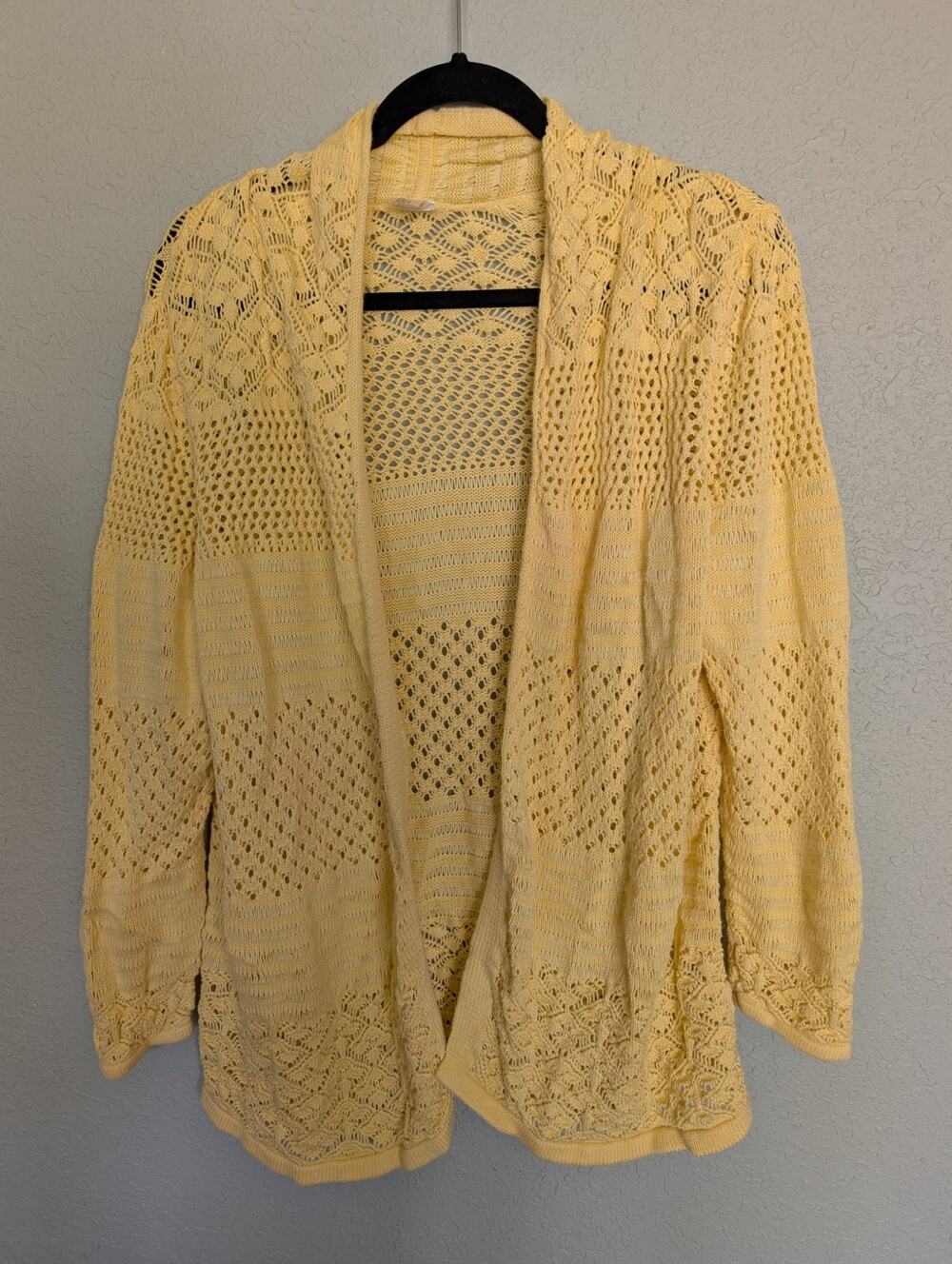 Cotton Pointelle Open Knit Butter Yellow Open Front Cardigan Sweater